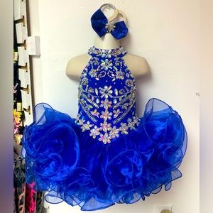 12/18 or 18/24 Month Royal Blue Beaded High Neck Cupcake Pageant Dress & Bow NWT